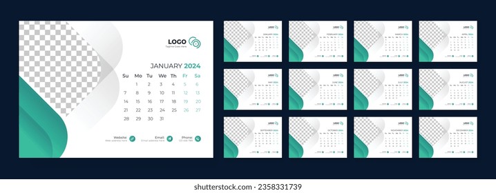 Desk Calendar 2024 template design, Office Calendar 2024, Week starts on Sunday