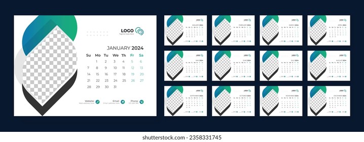 Desk Calendar 2024 template design, Office Calendar 2024, Week starts on Sunday