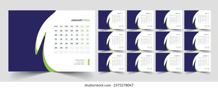 Desk Calendar 2024 template design, Office Calendar 2024