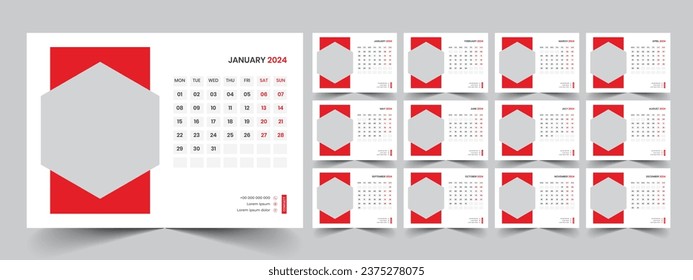 Desk Calendar 2024 template design, Office Calendar 2024
