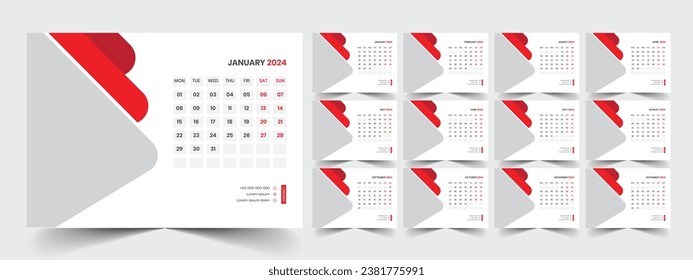 Desk Calendar 2024 template design, Office Calendar 2024