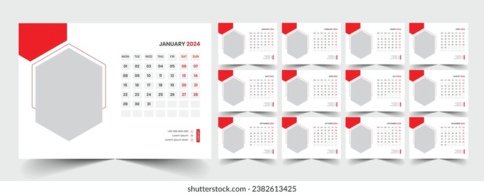 Desk Calendar 2024 template design, Office Calendar 2024