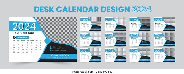 Desk Calendar 2024 template design, 2024 new Office calendar design, Week starts Sunday. Set 12 Month, vector illustration