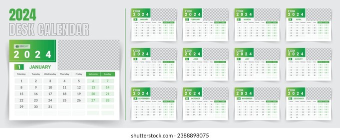 Desk calendar 2024 template design, monthly calendar, table calendar, office calendar 2024. with editable elements.