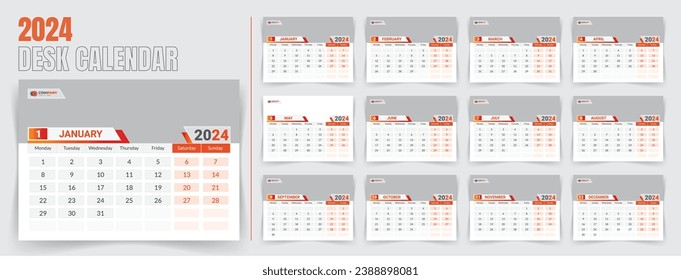 Desk calendar 2024 template design, monthly calendar, table calendar, office calendar 2024. with editable elements.