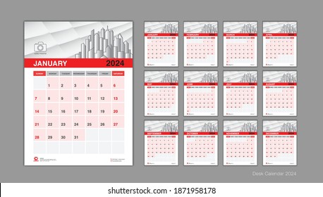 Desk calendar 2024 template set, Week Start On Sunday, Planner, Stationery, Printing, vertical artwork, red background