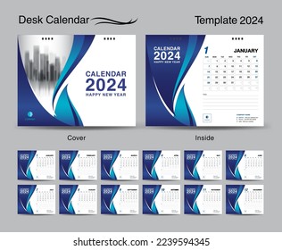 Desk Calendar 2024 template set and Blue wave cover design, Set of 12 Months, creative calendar 2024 design, wall calendar 2024 year, planner, business template, Stationery, printing media, vector