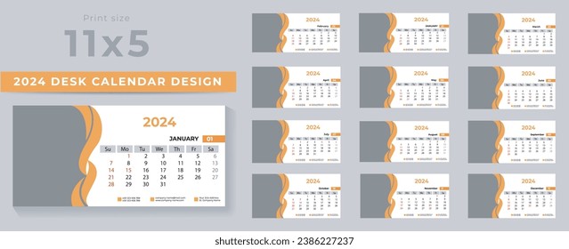 Desk Calendar 2024 template, Set of 2024 Calendar Planner Template, Modern 12 pages desk calendar template for the year 2024, Business template vector.
