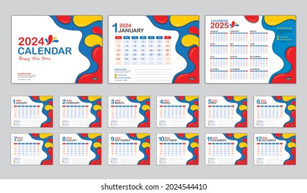 Desk calendar 2024 template vector, Calendar 2025 year, Set of 12 Months, Fluid colorful background, cover design, Wall calendar Trendy minimal, Calendar creative design, advertisement, printing