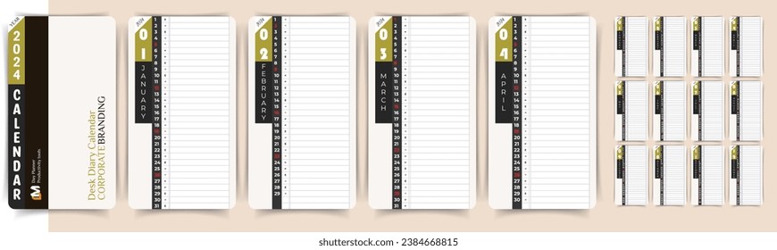 Desk Calendar 2024. Unique Day Planner or Diary design for everybody. Vector isolated in nice almond color backdrop.