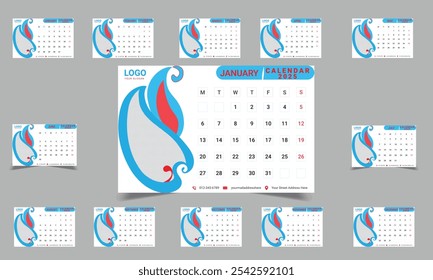 Desk Calendar 2025 design with 12 sets of month and week start on Monday calendar design.