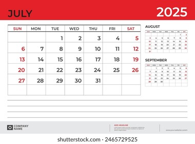 Desk Calendar 2025 design, July 2025 template, week start on sunday, Planner design, Wall calendar 2025  layout, stationery, Desk office, organizer office, vector eps10