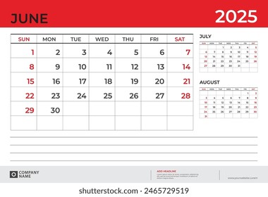 Desk Calendar 2025 design, June 2025 template, week start on sunday, Planner design, Wall calendar 2025  layout, stationery, Desk office, organizer office, vector eps10