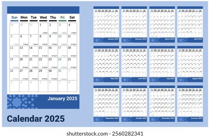 
Desk Calendar 2025 with Islamic Hijri calendar . Calendar 2025 with portrait or vertical design. week start on Sunday. Sunday as weekend. Friday as holy day marked with green.A5 format size.