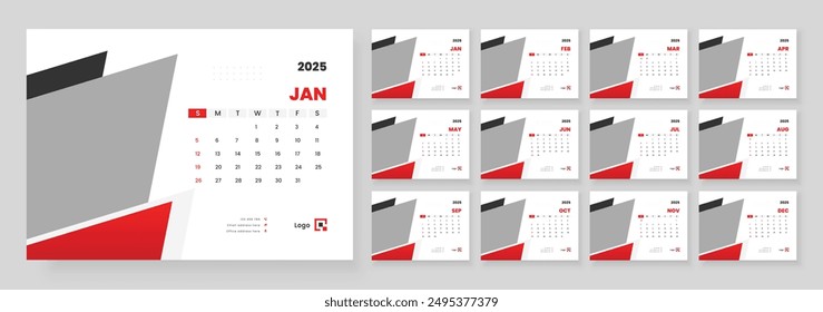 Desk Calendar 2025 Or Monthly Weekly Schedule New Year Calendar 2025 Design Template, Week Starts on sunday.