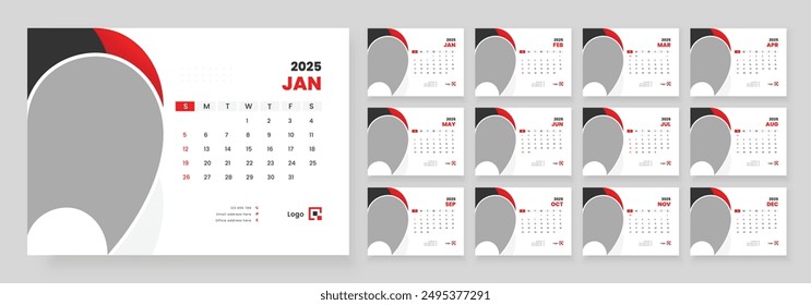 Desk Calendar 2025, Office Calendar 2025, Template for annual calendar 2025, Week Starts on sunday.