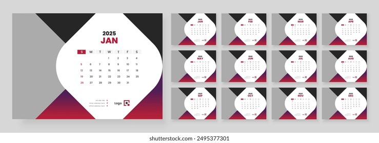 Desk Calendar 2025, Office Calendar 2025, Template for annual calendar 2025, Week Starts on sunday.