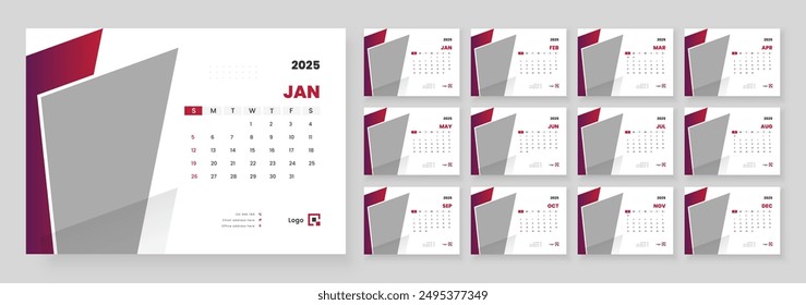 Desk Calendar 2025, Office Calendar 2025, Template for annual calendar 2025, Week Starts on sunday.