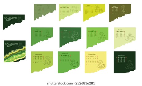 Desk calendar for 2025 on the theme of the symbol of the year - the snake. Calendar color in a green palette. Vector.