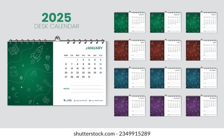 Desk calendar 2025 planner and corporate design template set for school, annual calendar 2025 bundle for 12 months, week starts Monday, multiple color shapes with vector layout, hand drawn calendar