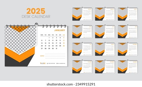 Desk calendar 2025 planner and corporate design template set, Annual calendar 2025 for 12 months, week starts Monday, abstract orange color shape with vector layout
