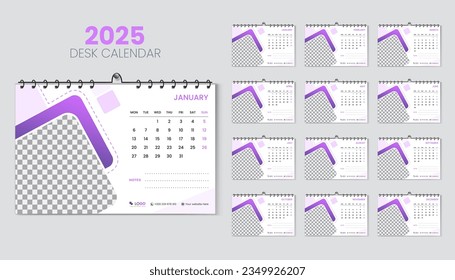 Desk calendar 2025 planner and corporate design template set, Annual calendar 2025 for 12 months, week starts Monday, abstract purple gradient color shape with vector layout