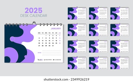 Desk calendar 2025 planner and corporate design template set, Annual calendar 2025 for 12 months, week starts Monday, abstract purple gradient color shape with vector layout