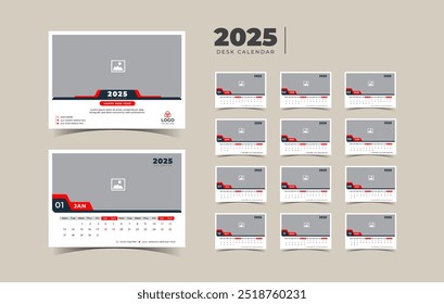 Conjunto de design do modelo corporativo do planejador 2025 da Desk Calendar de 12 meses. Modelo para o calendário anual de 2025.