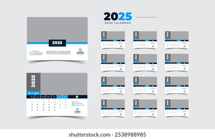 Desk Calendar 2025 Planer Corporate Template Design Set von 12 Monaten. Vorlage für den Jahreskalender 2025.