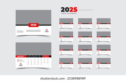 Conjunto de design do modelo corporativo do planejador 2025 da Desk Calendar de 12 meses. Modelo para o calendário anual de 2025.