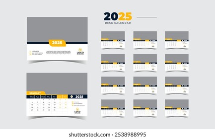 Conjunto de design do modelo corporativo do planejador 2025 da Desk Calendar de 12 meses. Modelo para o calendário anual de 2025.