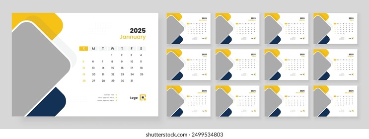 Tischkalender 2025 Planer Vorlage, Woche beginnt am Sonntag.