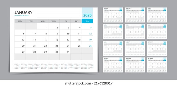 Desk calendar 2025 Set, Monthly calendar template for 2025 year. Week Starts on Sunday. Wall calendar 2025 in a minimalist style, Set of 12 months, Planner, printing template, office organizer vector