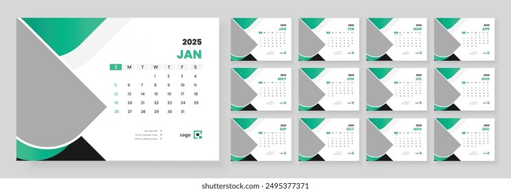Desk Calendar 2025, Template for annual calendar 2025, The week starts on Sunday, Set of 12 months.