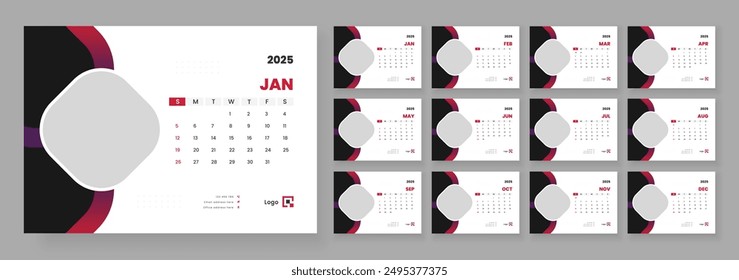 Desk Calendar 2025, Template for annual calendar 2025, The week starts on Sunday, Set of 12 months.