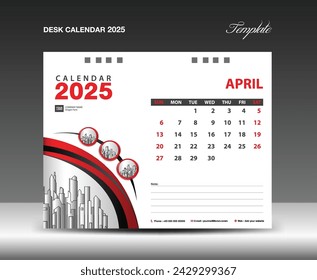 Desk Calendar 2025 template with circle frame can be use photo, April 2025 template. Wall Calendar design, planner, Corporate Calendar 2025 creative design mockup, printing, advertisement, vector