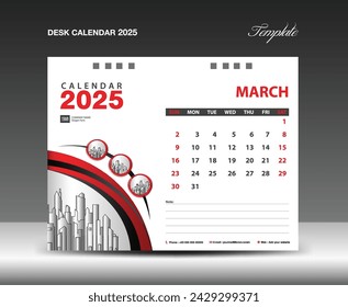 Desk Calendar 2025 template with circle frame can be use photo, March 2025 template. Wall Calendar design, planner, Corporate Calendar 2025 creative design mockup, printing, advertisement, vector