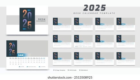 Desk calendar 2025 template, corporate annual calendar 2025, week starts on Monday, 12 month set