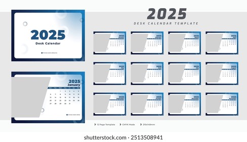 Desk calendar 2025 template, corporate annual calendar 2025, week starts on Monday, 12 month set