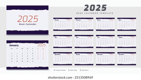 Desk calendar 2025 template, corporate annual calendar 2025, week starts on Monday, 12 month set