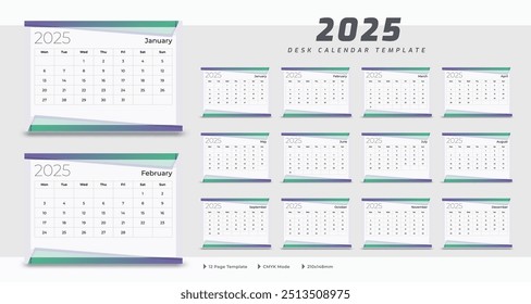 Desk calendar 2025 template, corporate annual calendar 2025, week starts on Monday, 12 month set