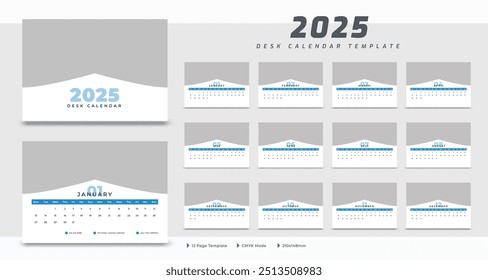 Desk calendar 2025 template, corporate annual calendar 2025, week starts on Monday, 12 month set