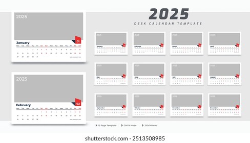 Desk calendar 2025 template, corporate annual calendar 2025, week starts on Monday, 12 month set