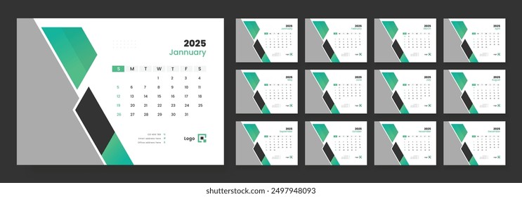 Desk Calendar 2025 template design, Week start on Sunday, Office Calendar 2025.