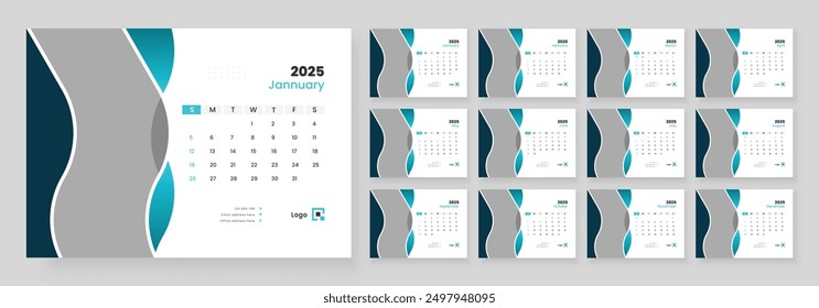 Diseño de la Plantilla de Desk Calendar 2025, inicio de la semana el domingo, Office Calendar 2025.