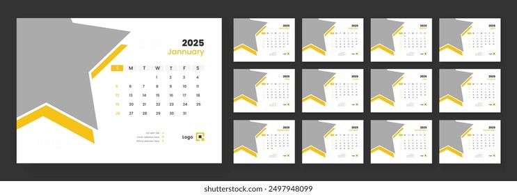 Desk Calendar 2025 template design, Week start on Sunday, Office Calendar 2025.