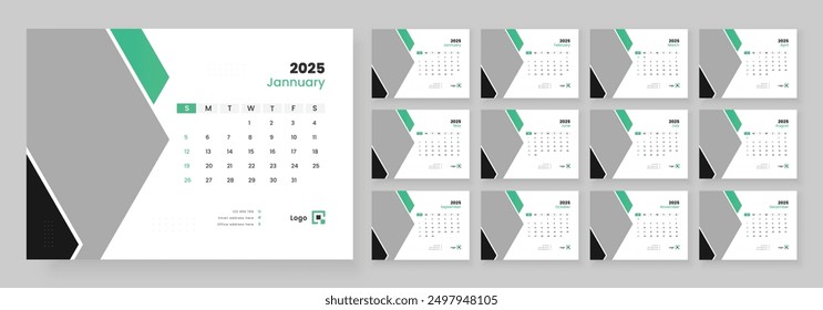 Desk Calendar 2025 template design, Week start on Sunday, Office Calendar 2025.