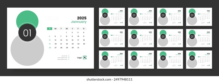 Desk Calendar 2025 template design, Week start on Sunday, Office Calendar 2025.