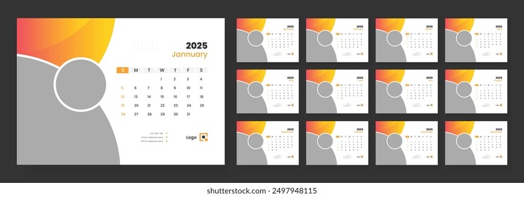 Diseño de la Plantilla de Desk Calendar 2025, inicio de la semana el domingo, Office Calendar 2025.