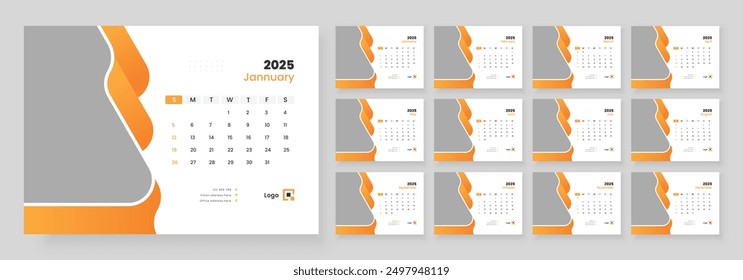 Desk Calendar 2025 template design, Week start on Sunday, Office Calendar 2025.